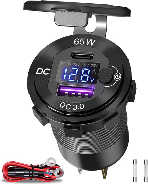 83W 12V USB Power Outlet, Qidoe Aluminum 65W PD USB-C Laptop Charger Socket and 18W QC3.0 Car USB Port with Digital Voltmeter Button Switch Smart ...
