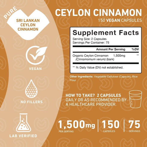 Ceylon Cinnamon Capsules – True Antioxidant Supplement from Sri Lanka Bark, Powerful Alternative to Pills or Tablets – 1500 mg, Vegan, Non-GMO, 15...