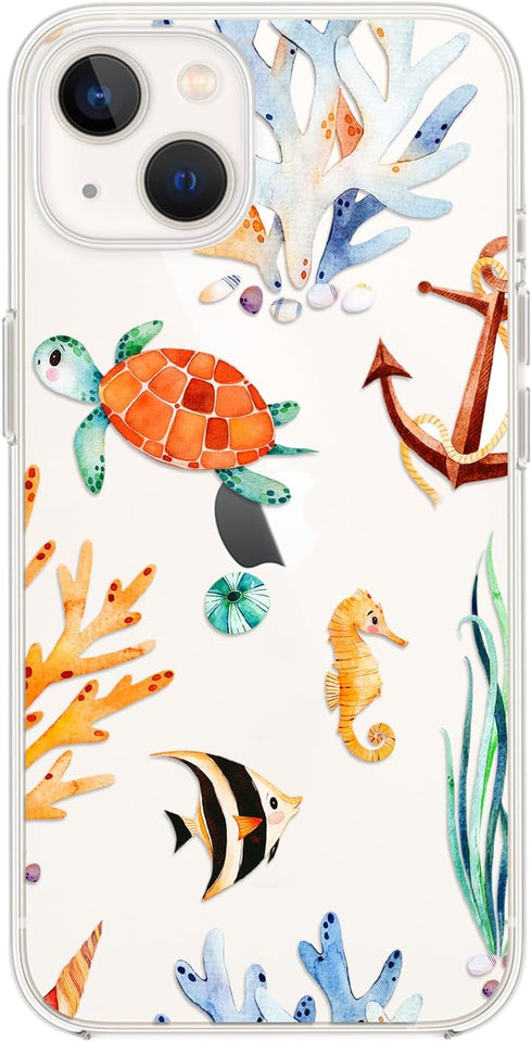 for iPhone 12 Case (6.1 inch), Fun Turtle Design with Ocean Fish Pattern Cute Animal Beach Style Transparent Soft TPU Protective Clear Case (Ocean...