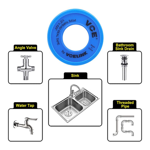 VCELINK Teflon Tape Plumbing 6 Rolls, 520" Length 1/2" Width PTFE Plumbing Tape for Shower Head and Pipe Threads, Thread Seal Tape 6 Rolls...