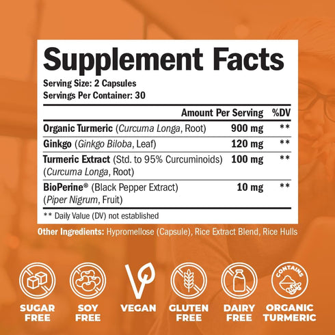 Turmeric Curcumin & Ginkgo Biloba Supplements with Bioperine Black Pepper - Vegan Joint Support Supplement with Organic Tumeric - Aids Brain Clari...