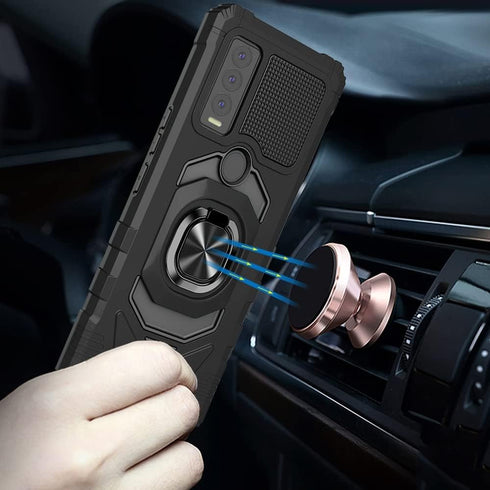 TJS Compatible for AT&T Motivate Max (U668AA) Case, Cricket Ovation 3 Case, with Tempered Glass Screen Protector, Metal Ring Magnetic Support Kick...