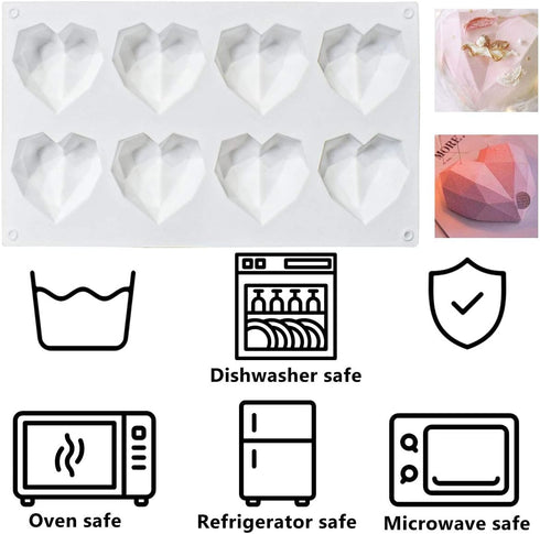8 Grid Diamond Heart Silicone Cake Chocolate Mold Silicone Baking Pan Mold for DIY Cake Mousse Dessert 3D Diamond Love Heart Shaped Mould for Cand...