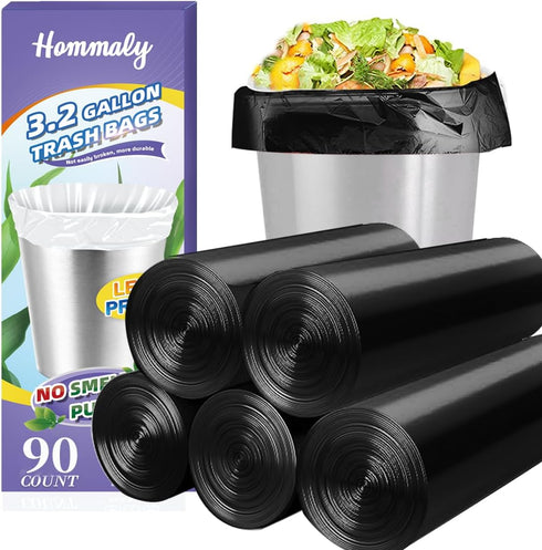3 Gallon 90pcs Small black Trash Bags(Fit 2.6-3.2 Gal) Plastic Strong black Garbage Bags,Bathroom Trash Can Bin Liners,Waste Basket Liner,Fit 10-1...