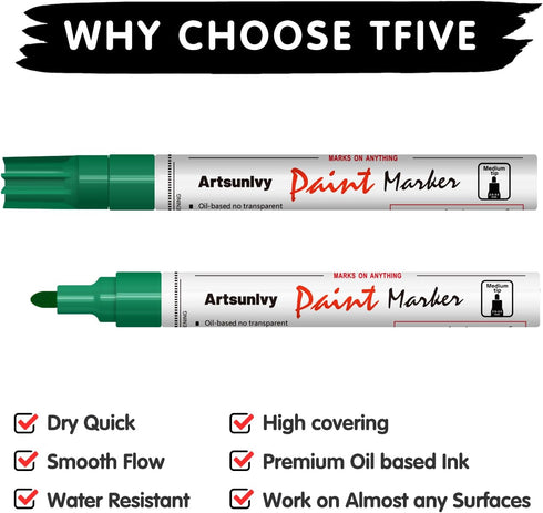 Green Paint Pens Permanent Markers - 2 Pack Paint Markers for Metal, Rubber,Wood, Rocks, Canvas, Plastic, Dark Surface, Craft Art Supplies, Medium...