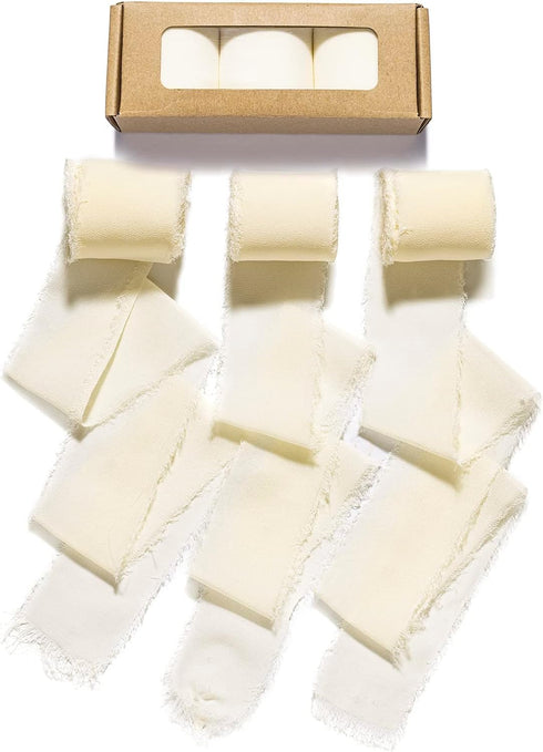 Chiffon Ribbon, 3 Rolls Cream White Handmade Fringe Chiffon Silk Ribbon 1.5" x 7Yd Ribbons Set for Wedding Invitations, Bridal Bouquets, Gifts Wra...