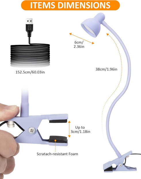 Clip on Lamp USB Reading Light, 3 Color Modes, 10 Brightness Dimmable, Flexible Gooseneck Desk Lamp with Clamp, Eye Care Clip on Light for Bed Hea...