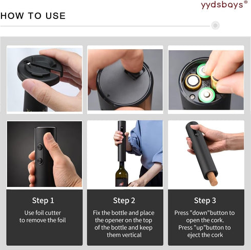 Electric Wine Bottle Opener Automatic Corkscrew Remover for Wine Lovers Gift Home Kitchen Party Bar Wedding (Black, Opener with Foil Cutter, Batte...