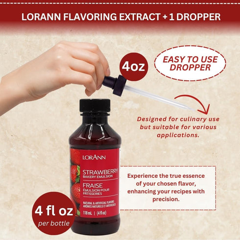 Lorann Flavoring Extract with 4 oz Threaded Eye Dropper - Strawberry Flavor (4 oz) - Flavor-Packed Oils and Extracts - Quantity Guide Included - F...