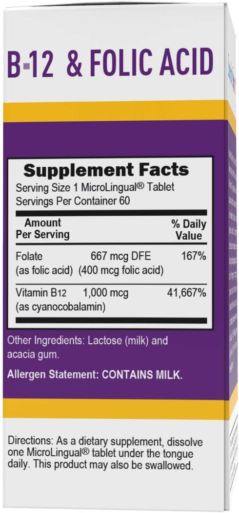 Superior Source No Shot Vitamin B12 Cyanocobalamin (1000 mcg), Folic Acid (400 mcg), Quick Dissolve MicroLingual Tablets, 60 Ct, Increase Energy, ...