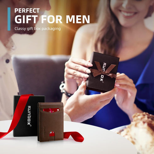 RUNBOX Wallet for Men Slim Leather Bifold RFID Blocking Minimalist Front Pocket Design with Gift Box...