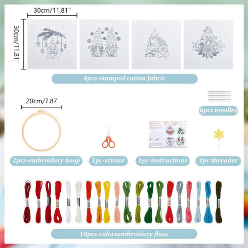 BEUNITONE 4PCS Christmas Gnomes Embroidery Kit Xmas Tree Stamped Cross Stitch Kit Snowflake Mistletoe Needlepoint Kit for Adult Beginner with Inst...