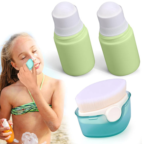 3 PCS Sunscreen Applicator for Kids, Soft Sunblock Brush + 2 PCS Empty Roller Ball Container for Sunscreen Lotion, Sunscreen Applicators for Famil...