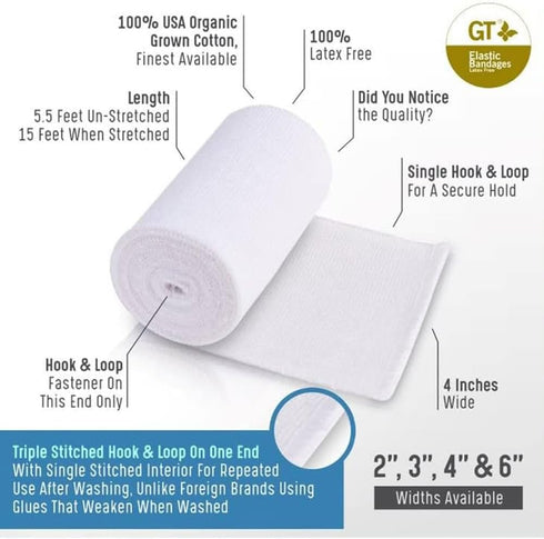 Premium Elastic Bandage Wrap (6" Wide, 2 Pack) - Made of USA Grown Cotton - Hook & Loop Fastener at One End - GT Latex Free Hypoallergenic Compres...