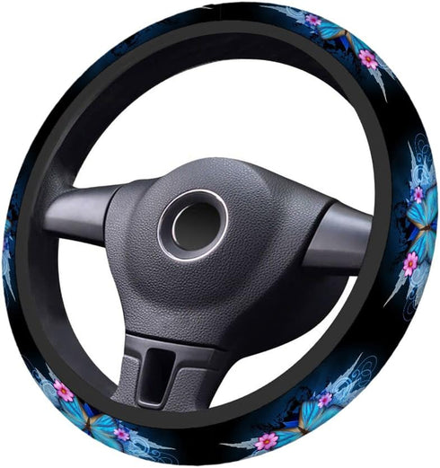 Swono Butterfly and Flower Universal 15" Steering Wheel Covers Abstract Blue Butterfly and Pink Flower Cute Car Steering Wheel Cover for Men Women...