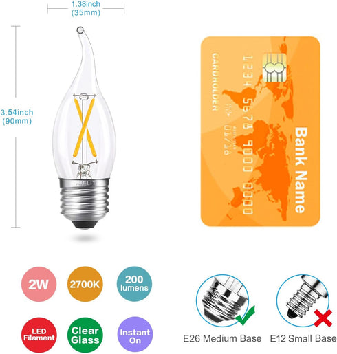 25W Equivalent E26 LED Bulb, Dimmable E26 Candelabra Light Bulbs, Energy Efficient 2W, Warm White 2700K, 200lm Flame Tip CA10 LED Candle Bulb for ...