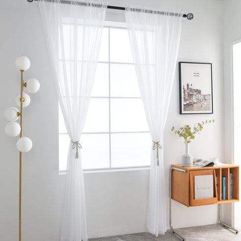 SpaceDresser Basic Rod Pocket Sheer Voile Window Curtain Panels White 1 Pair 2 Panels 52 Width 90 Inch Long for Kitchen Bedroom Children Living Ro...