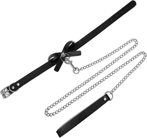 2Pcs Soft Faux Leather Collar and Leash Set for Women,Bow Choker Necklace with Hauling Chain Cosplay Jewelry Gift for Pet Role Play...