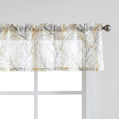 FMFUNCTEX Window Valance Curtains Yellow Grey Tree Branch Print on Semi Sheer White Short Valance for Kitchen Bathroom Rod Pocket Window Treatment...