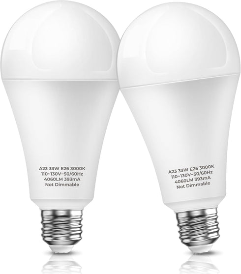 300 Watt Equivalent Light Bulb, 33W Super Bright Garage Light Bulb, A23 LED E26 Warm White 3000K Bulb for Warehouse, Backyard, Non-Dimmable, 2-Pac...