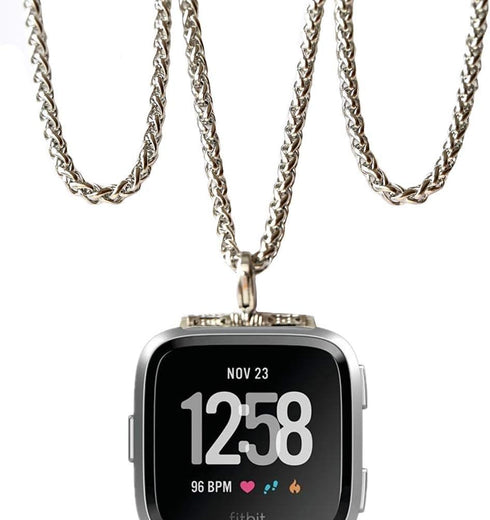 Stainless Steel Chain Necklace Smartwatch Band Compatible with Fitbit Versa 1/2/Lite Newest Polished Silver Metal Wheat Chain Strap Rope Neckband ...