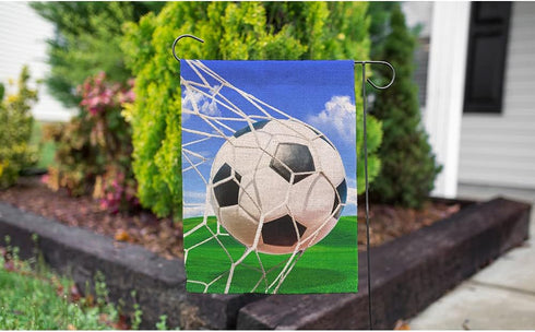 Moslion Soccer Garden Flag Vertical Double Sided Sports White and Black Football in Ball Net in Green Field Grass Blue Sky House Flags Home Burlap...