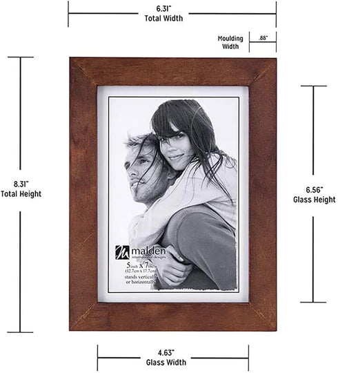 Malden 5x7 Picture Frame - Wide Real Wood Molding, Real Glass - Stonewashed Walnut...