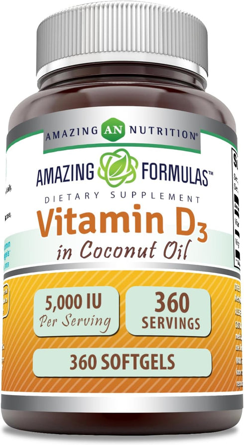 Amazing Formulas Vitamin D3 in Coconut Oil Supplement | 5000 IU | 360 Softgels | Non-GMO | Gluten-Free | Made in USA...