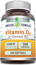 Amazing Formulas Vitamin D3 in Coconut Oil Supplement | 5000 IU | 360 Softgels | Non-GMO | Gluten-Free | Made in USA...
