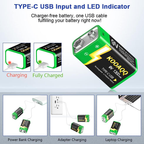 9V Lithium Battery, High Capacity 1300mAh,with 2 in 1 USB Charging Cable, (2024 New Version)Rechargeable 9 Volt Square Batteries for Smoke Detecto...