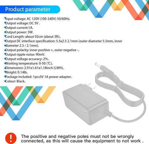 5Volt 1A Power Supply Adapter 5W AC/DC adapter AC 100V-240V to DC 5V Power Supply 1000mA 0.5A Replacement dc 5v Power Cord 5.5mm*2.5mm plug for Se...