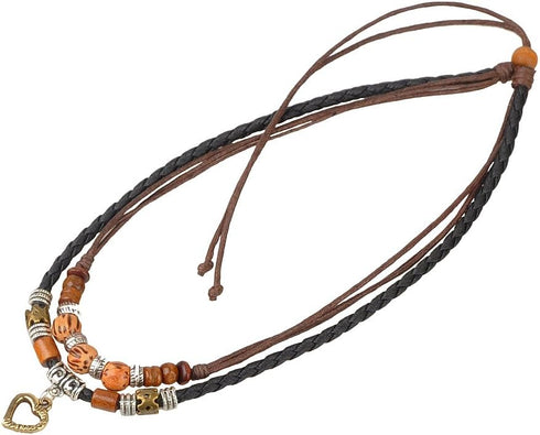 Leather and Hemp Cord Choker Necklace with Heart Pendant and Mixed Beads...