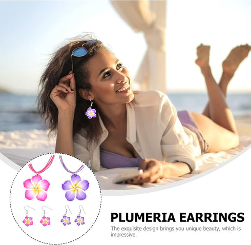 PRETYZOOM Hawaiian Leis 2 Sets Hawaii Theme Jewelry Set Simulation Clay Plumeria Flower Pendant Necklace Earrings Set Summer Beach Party Costume A...