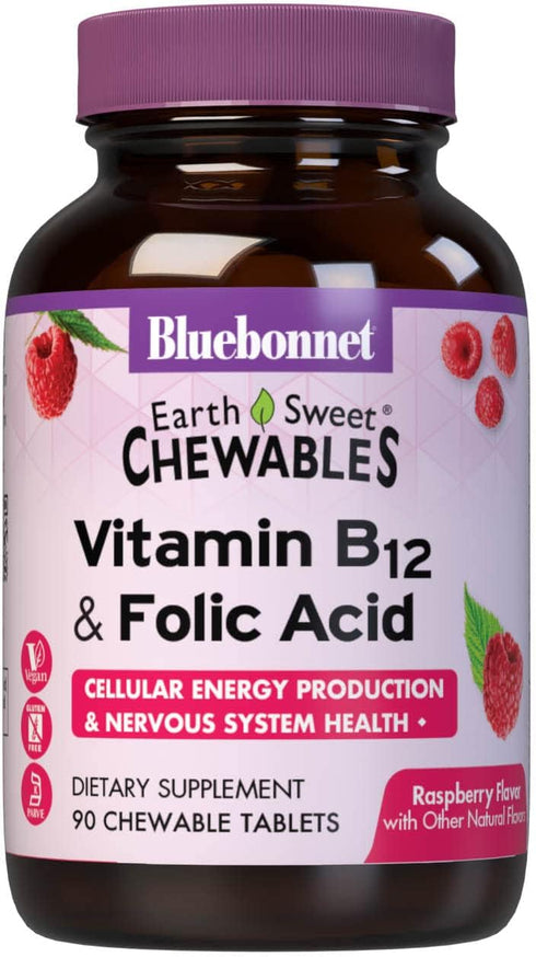 BlueBonnet Nutrition Earth Sweet Vitamin B12 & Folic Acid Chewable Tablets, Soy-Free, Gluten-Free, Raspberry 90 Count (Pack of 1)...