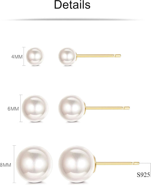 Sllaiss 925 Sterling Silver Austria Pearl Earrings 18K Gold Pink Earrings Sets Stud Earrings for Women (3 Pairs 4mm 6mm 8mm)...