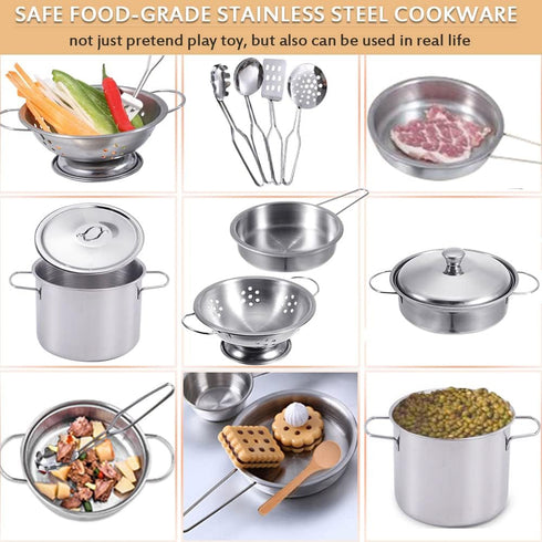 Tiny Cookware Utensils Pretend Play Kitchen Toys Stainless Steel Cooking Set Toys Montessori Kitchen Playset Kids Pots and Pans Playset,Play Kitch...