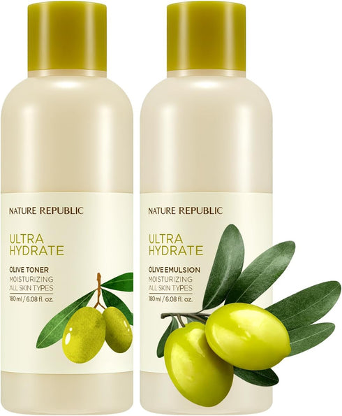 Nature Republic Toner Emulsion Set with Olive Leaf Extracts - Home Skin Care Moisturizer Set with Real Egyptian Olive 10,000ppm, Shea Butter, Vita...
