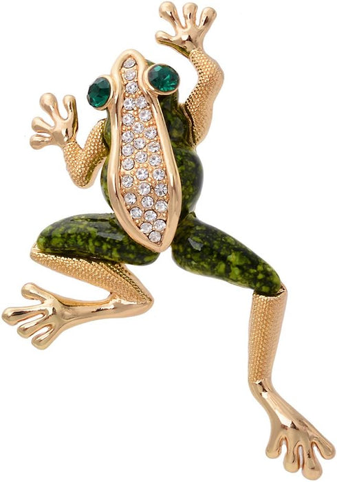 Vintage Gold Tone Crystal Green Enamel Frog Brooch Pin Lucky Symbol Animal Pin...