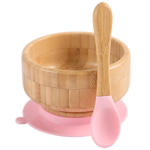Baby Bamboo Bowls with Suction and Matching Spoon Set - 2PC Feeding Supplies Set for Infant, Toddlers - Detachable Silicone Suction Stay Put Base ...