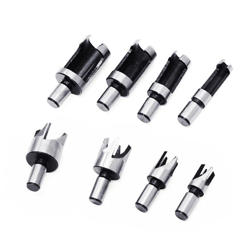 8Pcs Wood Plug Cutter Drill Bit Set Carbon Steel Titanium Coated Woodworking Chamfer Drill Bits Straight and Tapered Taper 5/8" 1/2" 3/8" 1/4" Cut...