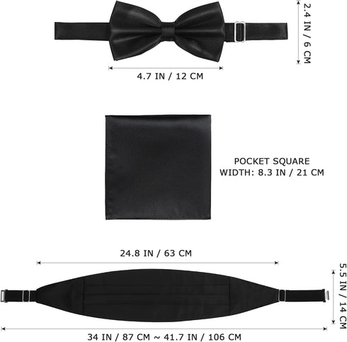 VICASKY 3pcs Mens Pocket Square Bow Tie and Cummerbund Set Mens Satin Bow Tie Cummerbund Hanky Handkerchief Black Mens Formal Satin Bowtie and Cum...