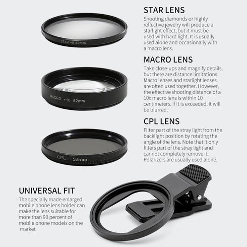 52mm Clip-on Phone Camera Lens Filter, 3 in 1 Phone Lens Filter Kit, CPL Lens + Macro Lens + Star Lens Universal Cellphone Lens Filter Compatible ...