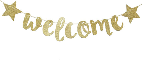 Welcome Little One Glitter Banner, Pre-strung Baby Shower Banner, Gender Reveal Party Decor (Gold)...
