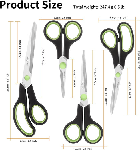 Scissors, Stainless Steel Blades Soft Grip for Home, School, Office. Black and Green, 4...