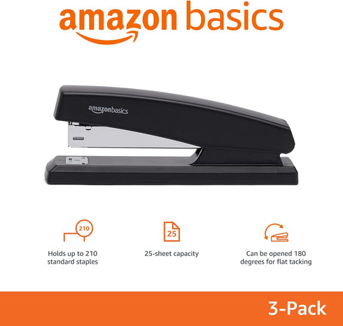 Amazon Basics Stapler with 1000 Staples, Office Stapler, 25 Sheet Capacity, Non-Slip, Black, 3 Pack...