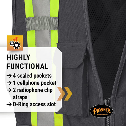 Pioneer Hi Vis Tear-Away Mesh Back Safety Vest for Me - Reflective Tape, 4 Pockets - Construction, Traffic, Security - Black...