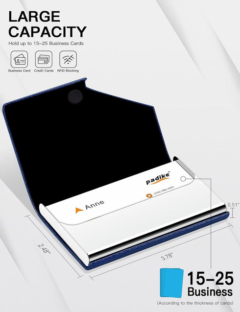 Padike Business Card Holder, Leather Business Card Case Pocket Card Holders for Men or Women, Metal Slim Name Card Holder RFID Blocking Business C...
