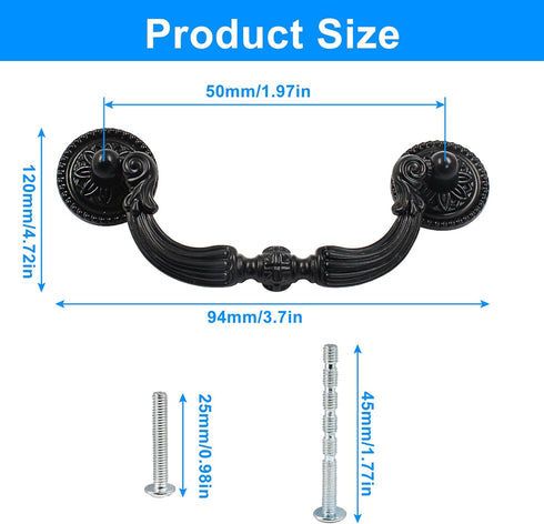 4 Pcs Antique Drop Drawer Pull Handles, 3.7 Inch Hole Center Swing Cabinet Dresser Handles, Vintage Hardware for Furniture, Dresser...