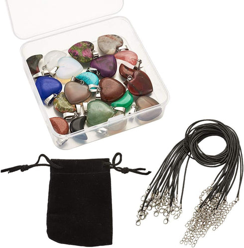 FASHEWELRY 20Pcs Random Crescent Moon Heart Chakra Stone Pendants Healing Crystal Gemstone Charms & 20Pcs Black Waxed Cotton Necklace Cord & 1Pc V...