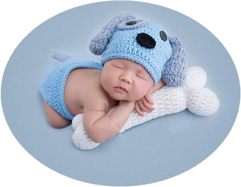 Newborn Baby Girl Boy Photo Props Outfits Crochet Knitted Blue Dog Hat Shorts with Bone Set for Boys Girls Photography Shoot (0-6 Months)...